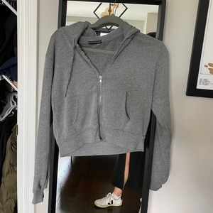 Brandy Melville Grey Gray Crop Fleece Zip-up Crystal Hoodie Sweater